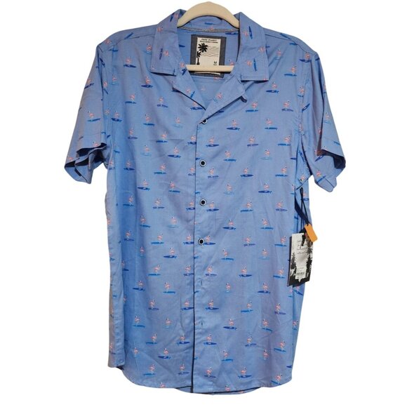 Mens Short Sleeve Button-Up Shirt W/ Flamingo Surfboard Print Eco-Friendly By Fr - Picture 1 of 12